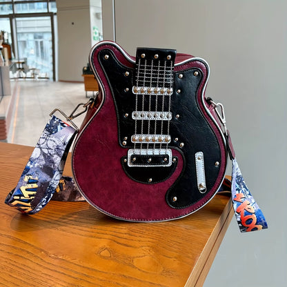 2024 Niche Guitar Shaped Y2K Style Novel Crossbody Bag, Rivet Decorated Fashionable Shoulder Bag