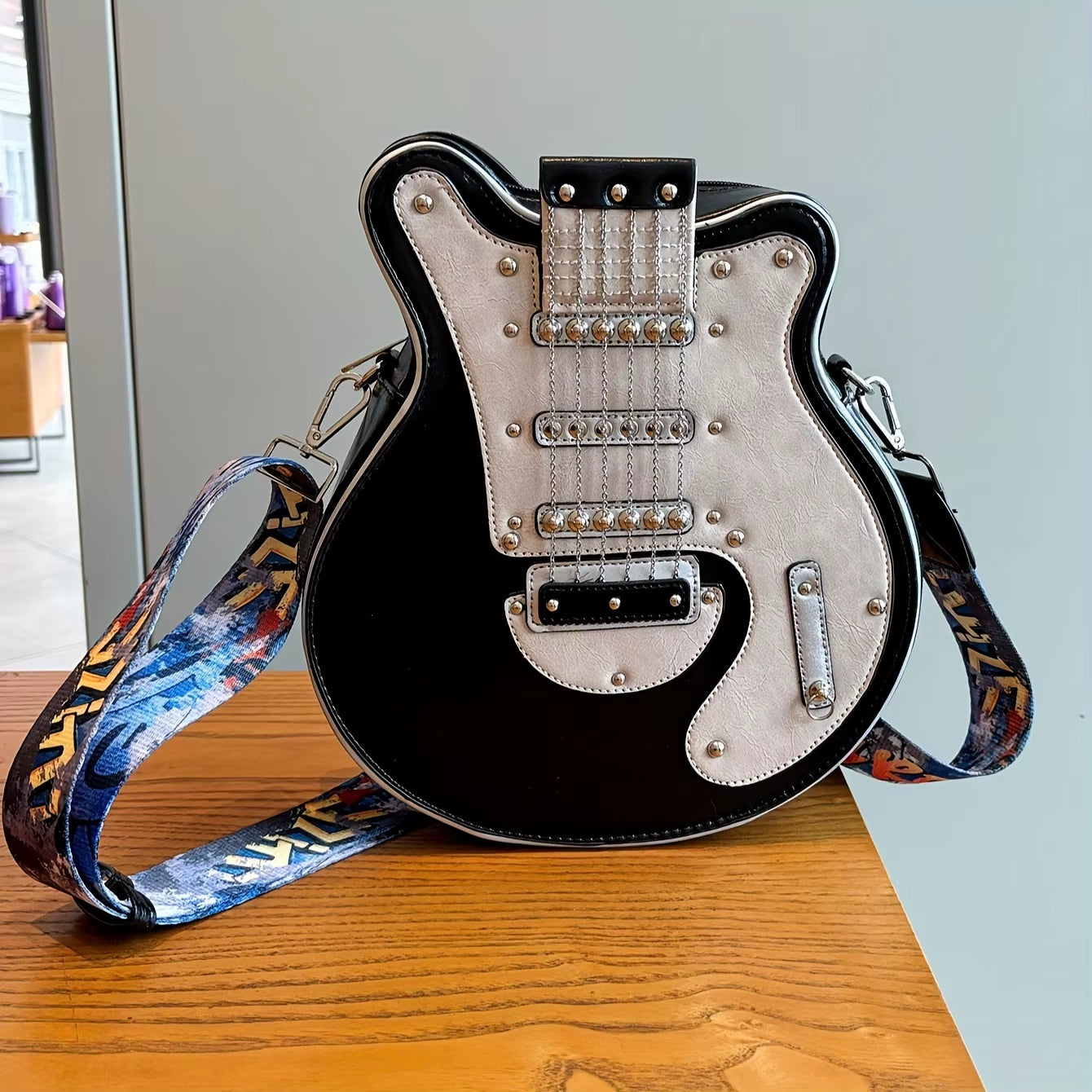2024 Niche Guitar Shaped Y2K Style Novel Crossbody Bag, Rivet Decorated Fashionable Shoulder Bag