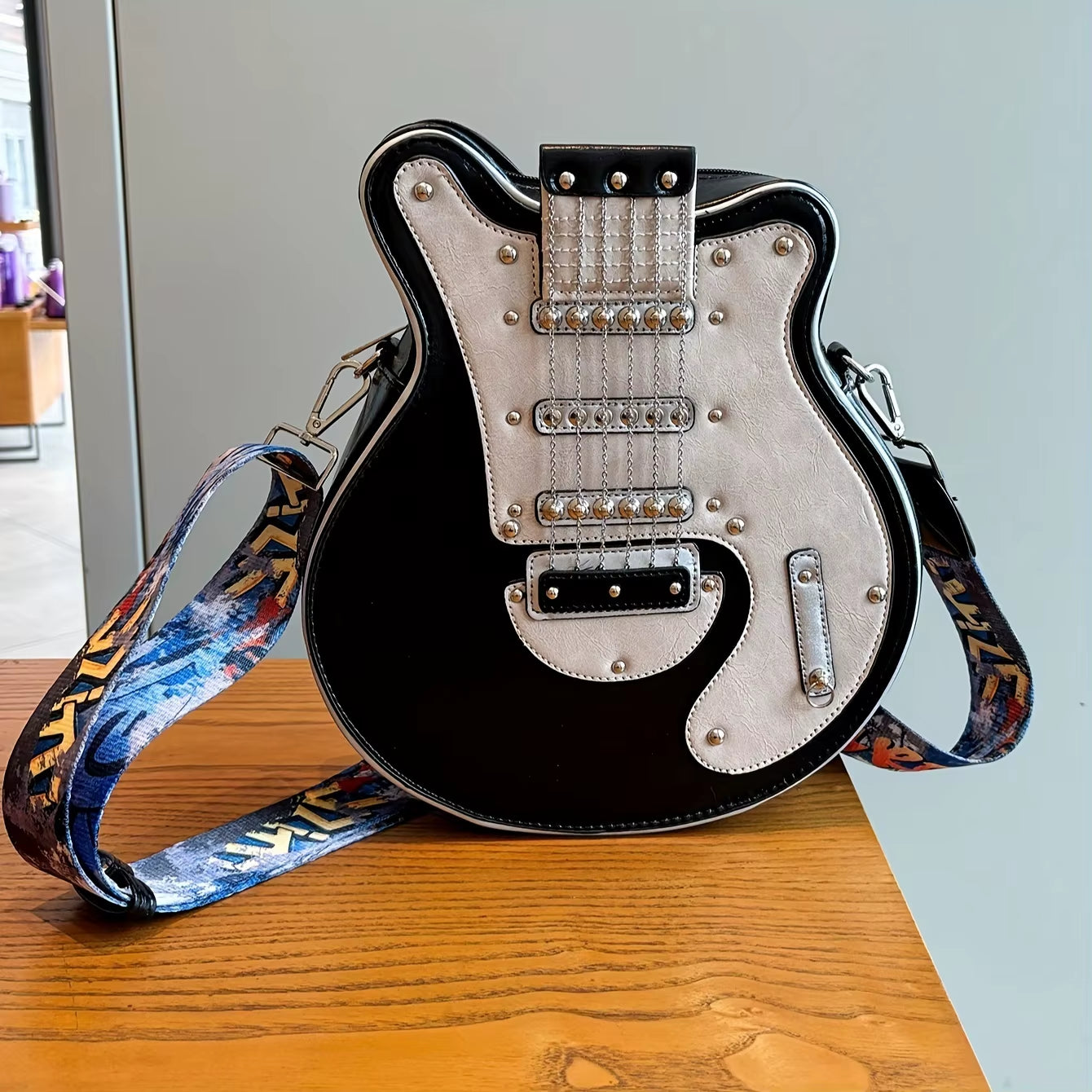 2024 Niche Guitar Shaped Y2K Style Novel Crossbody Bag, Rivet Decorated Fashionable Shoulder Bag